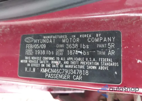 2009 Hyundai Accent Gls z USA, uszkodzony, nr VIN KMHCN46C79U347818